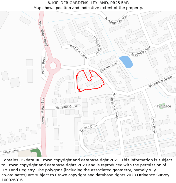 6, KIELDER GARDENS, LEYLAND, PR25 5AB: Location map and indicative extent of plot