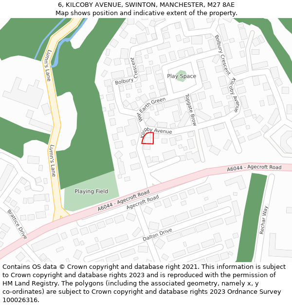 6, KILCOBY AVENUE, SWINTON, MANCHESTER, M27 8AE: Location map and indicative extent of plot