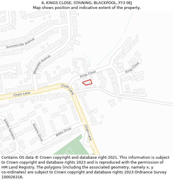 6, KINGS CLOSE, STAINING, BLACKPOOL, FY3 0EJ: Location map and indicative extent of plot