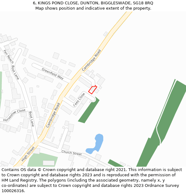 6, KINGS POND CLOSE, DUNTON, BIGGLESWADE, SG18 8RQ: Location map and indicative extent of plot