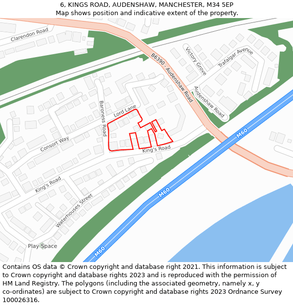 6, KINGS ROAD, AUDENSHAW, MANCHESTER, M34 5EP: Location map and indicative extent of plot