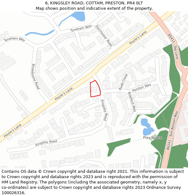 6, KINGSLEY ROAD, COTTAM, PRESTON, PR4 0LT: Location map and indicative extent of plot