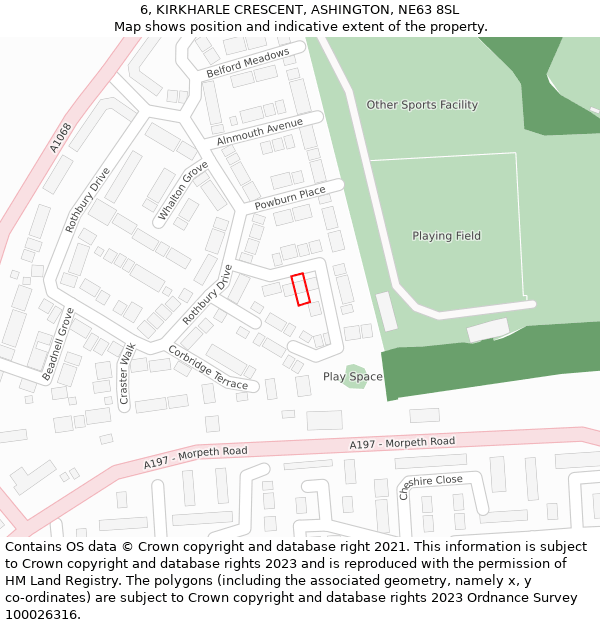 6, KIRKHARLE CRESCENT, ASHINGTON, NE63 8SL: Location map and indicative extent of plot