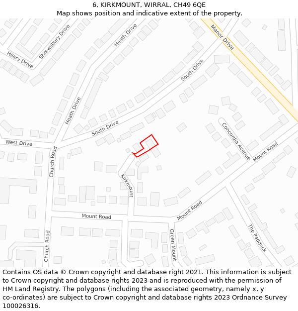 6, KIRKMOUNT, WIRRAL, CH49 6QE: Location map and indicative extent of plot