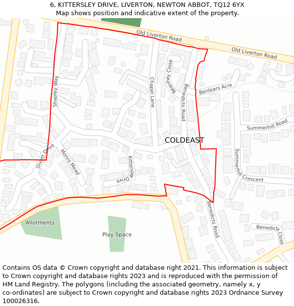 6, KITTERSLEY DRIVE, LIVERTON, NEWTON ABBOT, TQ12 6YX: Location map and indicative extent of plot