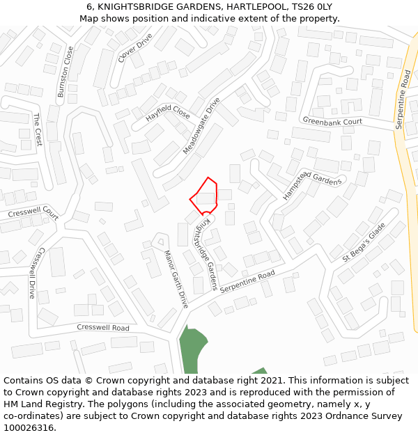 6, KNIGHTSBRIDGE GARDENS, HARTLEPOOL, TS26 0LY: Location map and indicative extent of plot