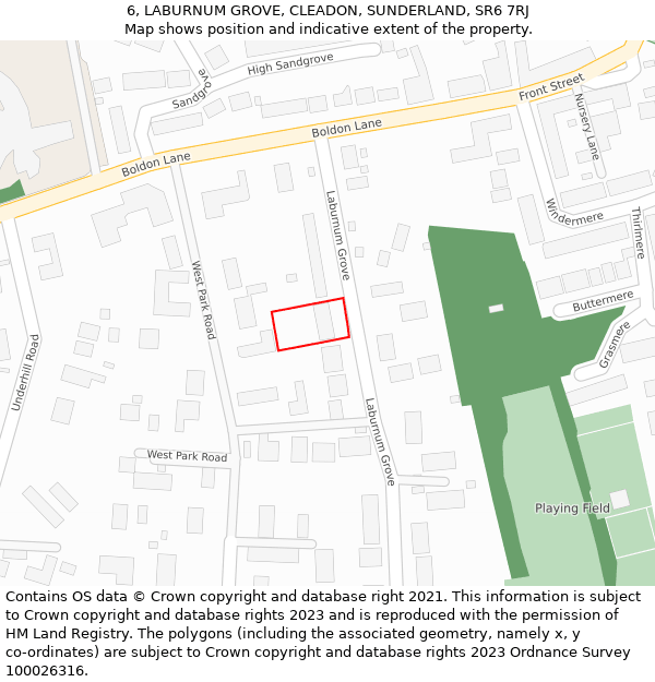 6, LABURNUM GROVE, CLEADON, SUNDERLAND, SR6 7RJ: Location map and indicative extent of plot