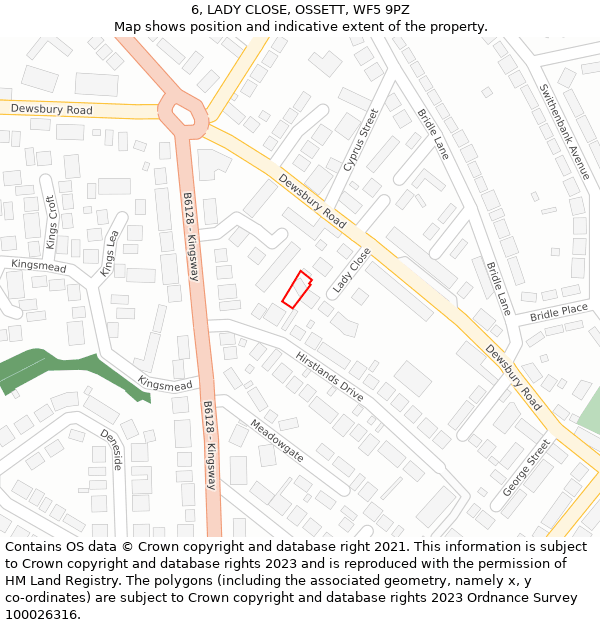 6, LADY CLOSE, OSSETT, WF5 9PZ: Location map and indicative extent of plot