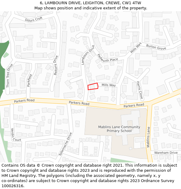 6, LAMBOURN DRIVE, LEIGHTON, CREWE, CW1 4TW: Location map and indicative extent of plot