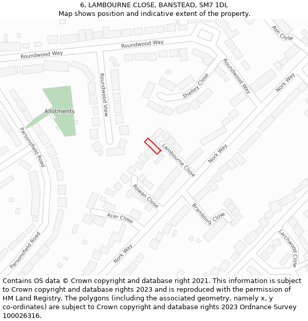 6, LAMBOURNE CLOSE, BANSTEAD, SM7 1DL: Location map and indicative extent of plot