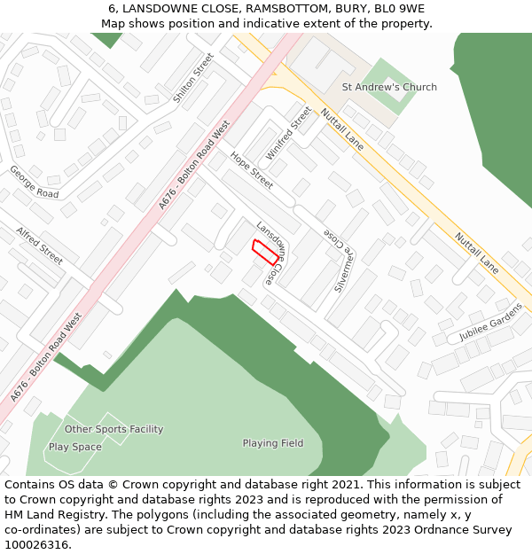 6, LANSDOWNE CLOSE, RAMSBOTTOM, BURY, BL0 9WE: Location map and indicative extent of plot