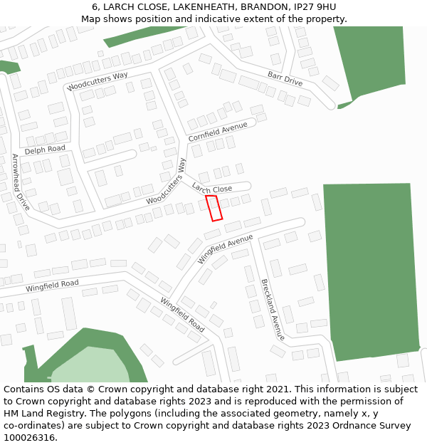 6, LARCH CLOSE, LAKENHEATH, BRANDON, IP27 9HU: Location map and indicative extent of plot