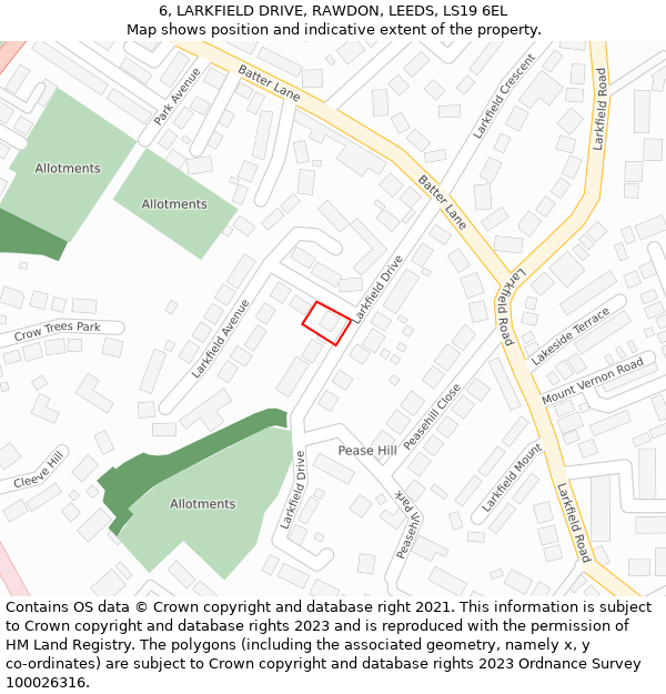 6, LARKFIELD DRIVE, RAWDON, LEEDS, LS19 6EL: Location map and indicative extent of plot