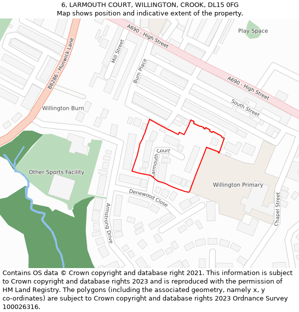 6, LARMOUTH COURT, WILLINGTON, CROOK, DL15 0FG: Location map and indicative extent of plot