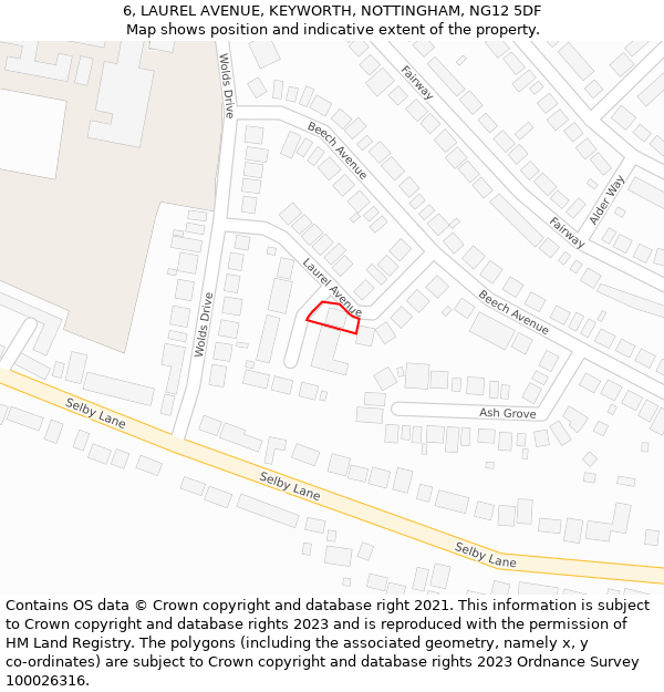 6, LAUREL AVENUE, KEYWORTH, NOTTINGHAM, NG12 5DF: Location map and indicative extent of plot