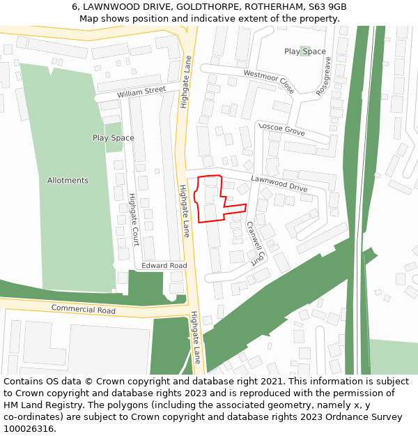 6, LAWNWOOD DRIVE, GOLDTHORPE, ROTHERHAM, S63 9GB: Location map and indicative extent of plot