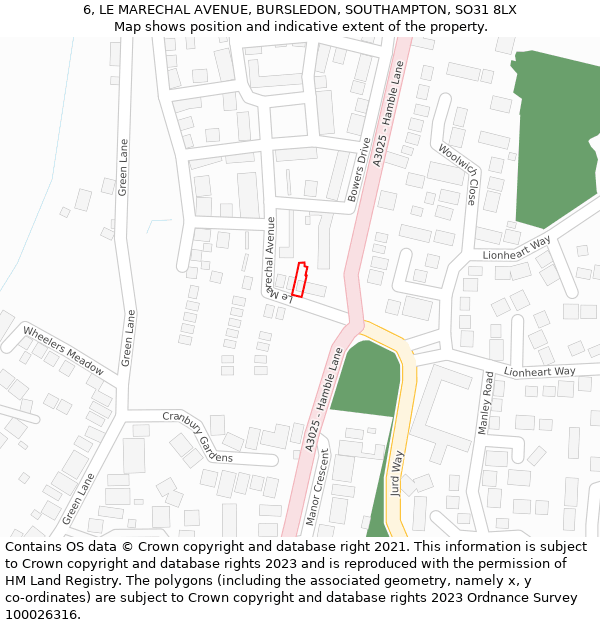 6, LE MARECHAL AVENUE, BURSLEDON, SOUTHAMPTON, SO31 8LX: Location map and indicative extent of plot