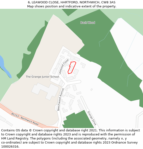 6, LEAWOOD CLOSE, HARTFORD, NORTHWICH, CW8 3AS: Location map and indicative extent of plot