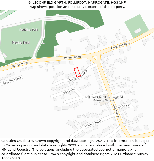 6, LECONFIELD GARTH, FOLLIFOOT, HARROGATE, HG3 1NF: Location map and indicative extent of plot