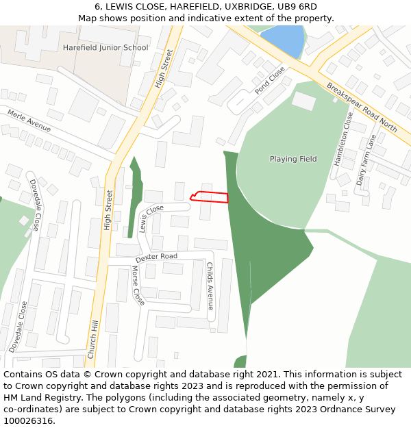 6, LEWIS CLOSE, HAREFIELD, UXBRIDGE, UB9 6RD: Location map and indicative extent of plot