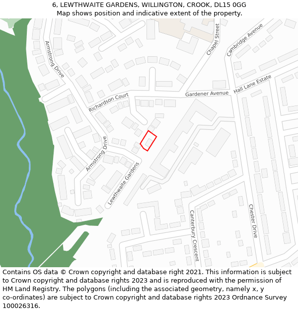 6, LEWTHWAITE GARDENS, WILLINGTON, CROOK, DL15 0GG: Location map and indicative extent of plot