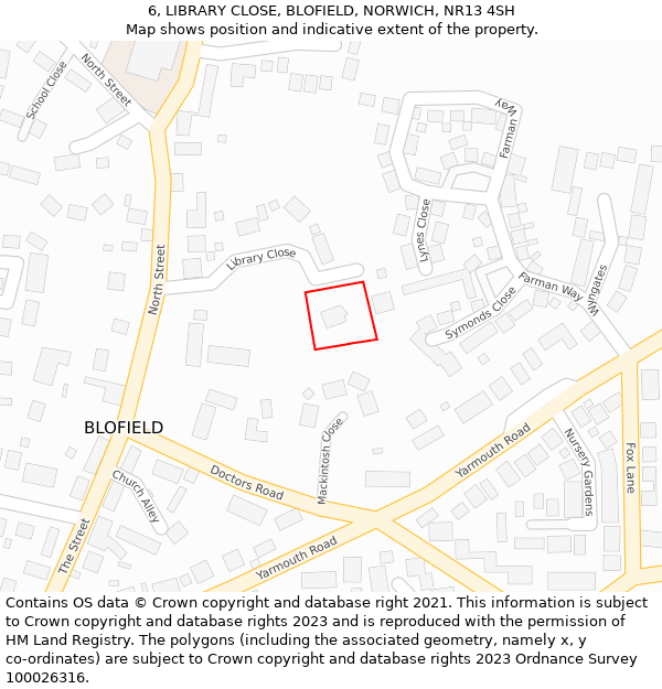 6, LIBRARY CLOSE, BLOFIELD, NORWICH, NR13 4SH: Location map and indicative extent of plot