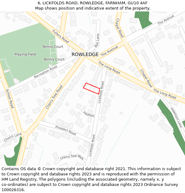 6, LICKFOLDS ROAD, ROWLEDGE, FARNHAM, GU10 4AF: Location map and indicative extent of plot