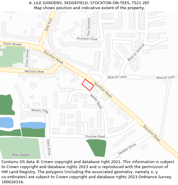 6, LILE GARDENS, SEDGEFIELD, STOCKTON-ON-TEES, TS21 2EF: Location map and indicative extent of plot