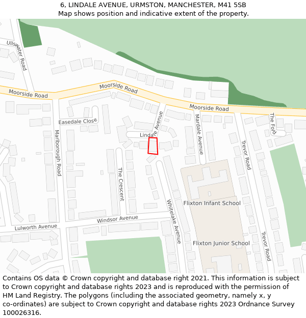 6, LINDALE AVENUE, URMSTON, MANCHESTER, M41 5SB: Location map and indicative extent of plot