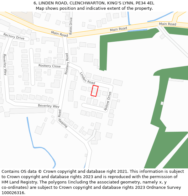6, LINDEN ROAD, CLENCHWARTON, KING'S LYNN, PE34 4EL: Location map and indicative extent of plot