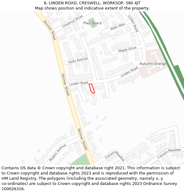 6, LINDEN ROAD, CRESWELL, WORKSOP, S80 4JT: Location map and indicative extent of plot