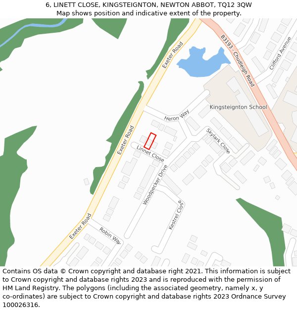 6, LINETT CLOSE, KINGSTEIGNTON, NEWTON ABBOT, TQ12 3QW: Location map and indicative extent of plot