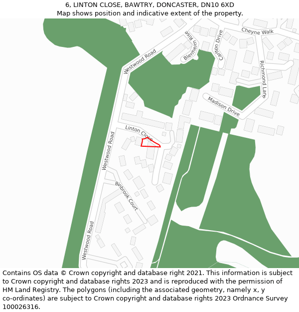 6, LINTON CLOSE, BAWTRY, DONCASTER, DN10 6XD: Location map and indicative extent of plot