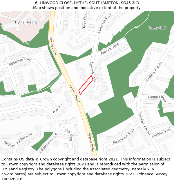 6, LINWOOD CLOSE, HYTHE, SOUTHAMPTON, SO45 3LD: Location map and indicative extent of plot