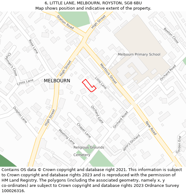 6, LITTLE LANE, MELBOURN, ROYSTON, SG8 6BU: Location map and indicative extent of plot