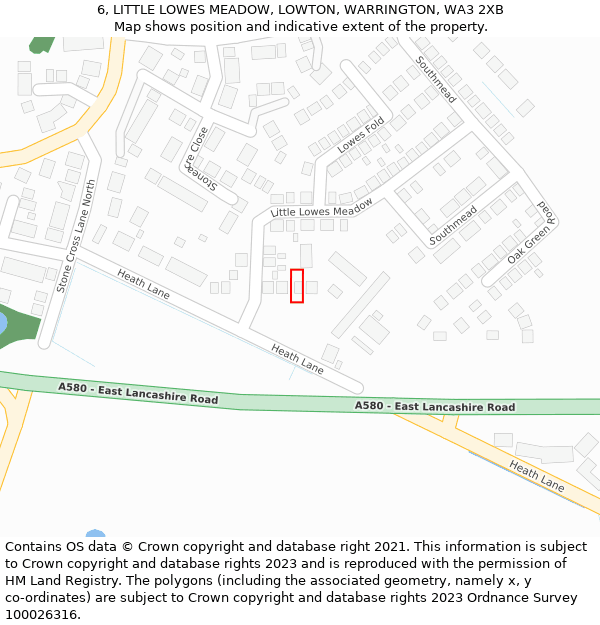 6, LITTLE LOWES MEADOW, LOWTON, WARRINGTON, WA3 2XB: Location map and indicative extent of plot