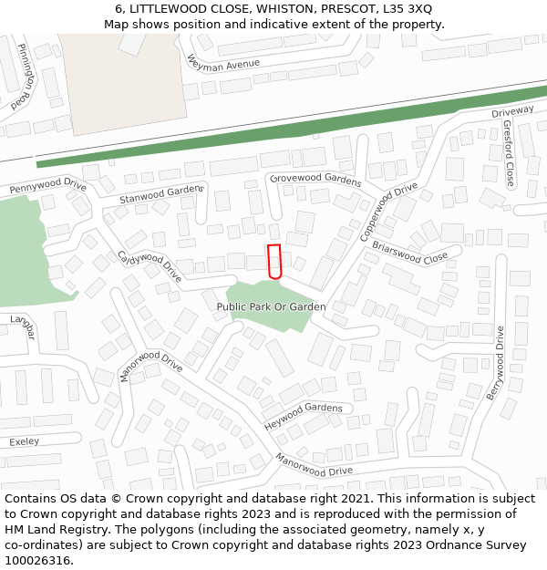6, LITTLEWOOD CLOSE, WHISTON, PRESCOT, L35 3XQ: Location map and indicative extent of plot