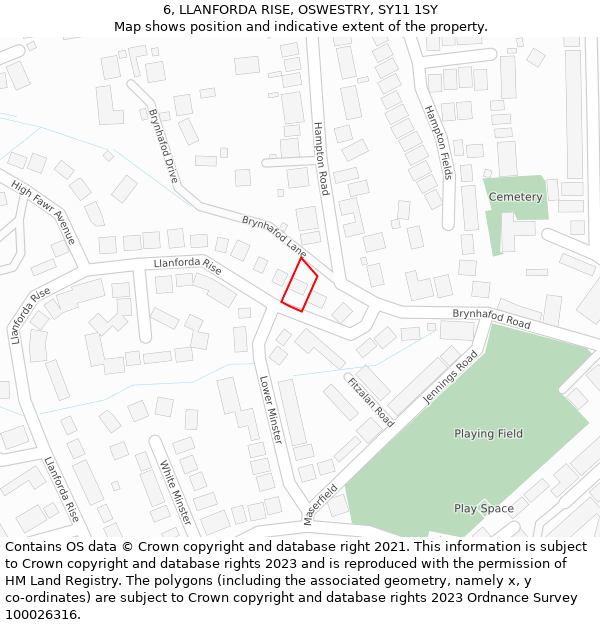 6, LLANFORDA RISE, OSWESTRY, SY11 1SY: Location map and indicative extent of plot