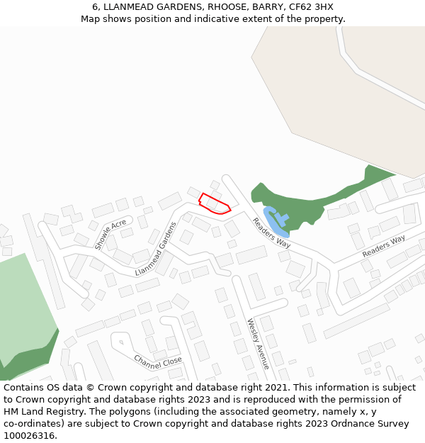 6, LLANMEAD GARDENS, RHOOSE, BARRY, CF62 3HX: Location map and indicative extent of plot