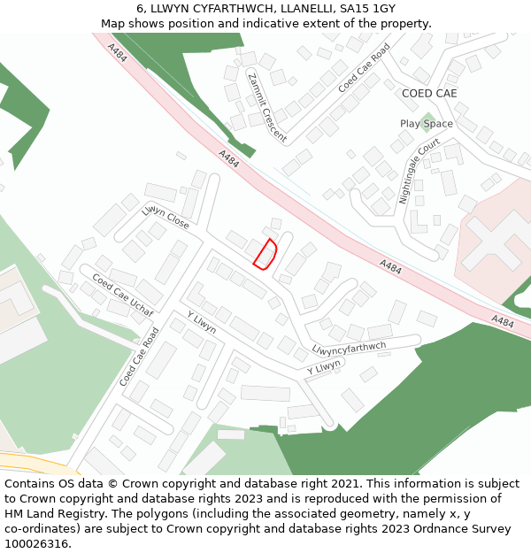 6, LLWYN CYFARTHWCH, LLANELLI, SA15 1GY: Location map and indicative extent of plot