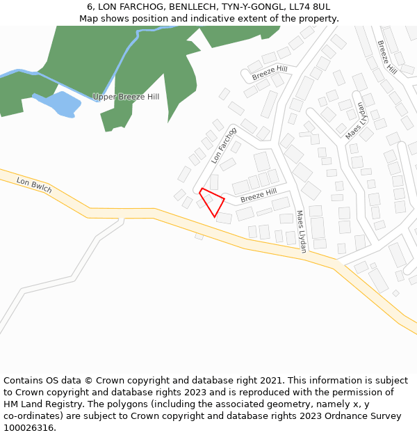 6, LON FARCHOG, BENLLECH, TYN-Y-GONGL, LL74 8UL: Location map and indicative extent of plot