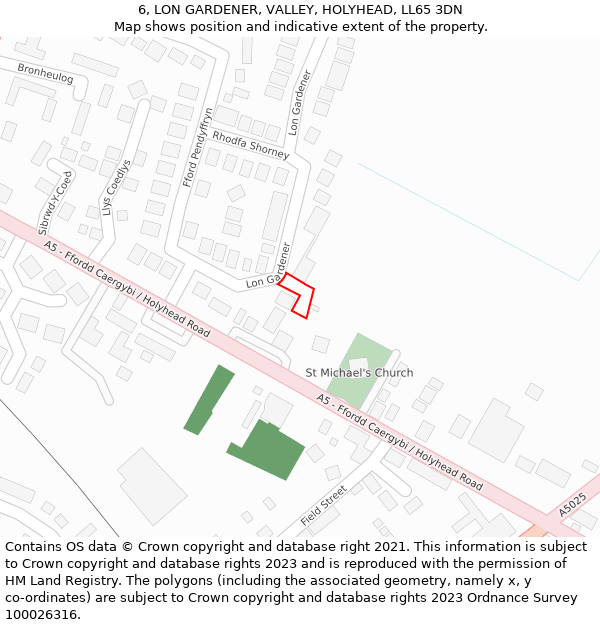 6, LON GARDENER, VALLEY, HOLYHEAD, LL65 3DN: Location map and indicative extent of plot