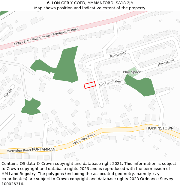 6, LON GER Y COED, AMMANFORD, SA18 2JA: Location map and indicative extent of plot