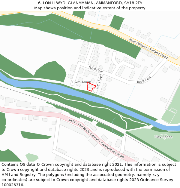 6, LON LLWYD, GLANAMMAN, AMMANFORD, SA18 2FA: Location map and indicative extent of plot