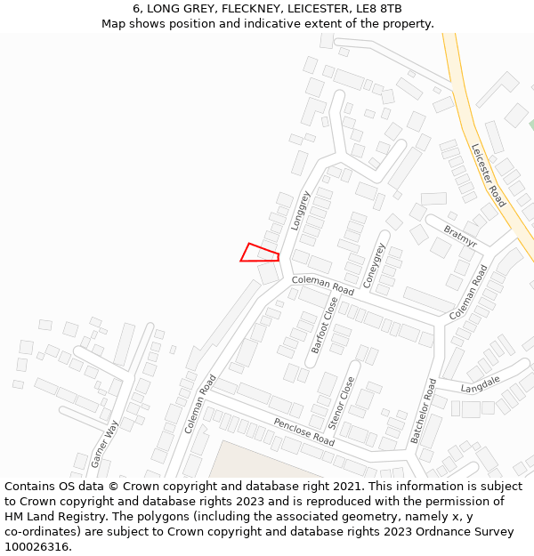 6, LONG GREY, FLECKNEY, LEICESTER, LE8 8TB: Location map and indicative extent of plot