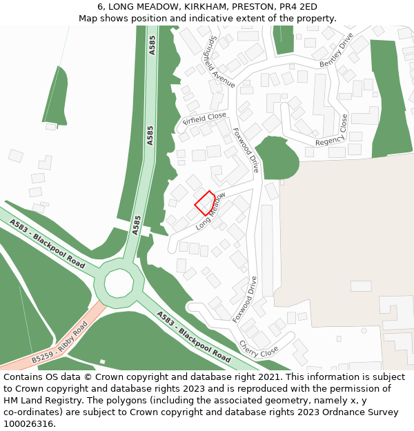 6, LONG MEADOW, KIRKHAM, PRESTON, PR4 2ED: Location map and indicative extent of plot