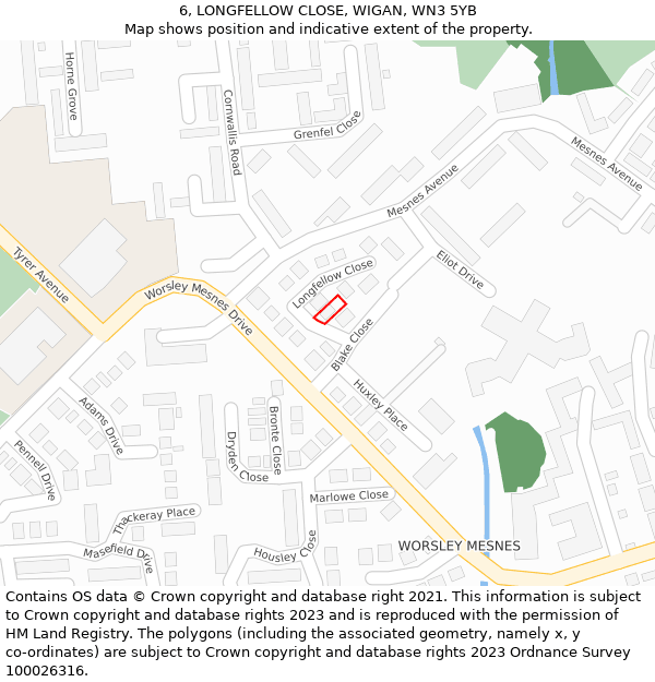 6, LONGFELLOW CLOSE, WIGAN, WN3 5YB: Location map and indicative extent of plot