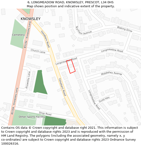 6, LONGMEADOW ROAD, KNOWSLEY, PRESCOT, L34 0HS: Location map and indicative extent of plot
