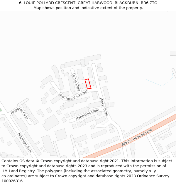 6, LOUIE POLLARD CRESCENT, GREAT HARWOOD, BLACKBURN, BB6 7TG: Location map and indicative extent of plot