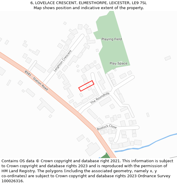 6, LOVELACE CRESCENT, ELMESTHORPE, LEICESTER, LE9 7SL: Location map and indicative extent of plot